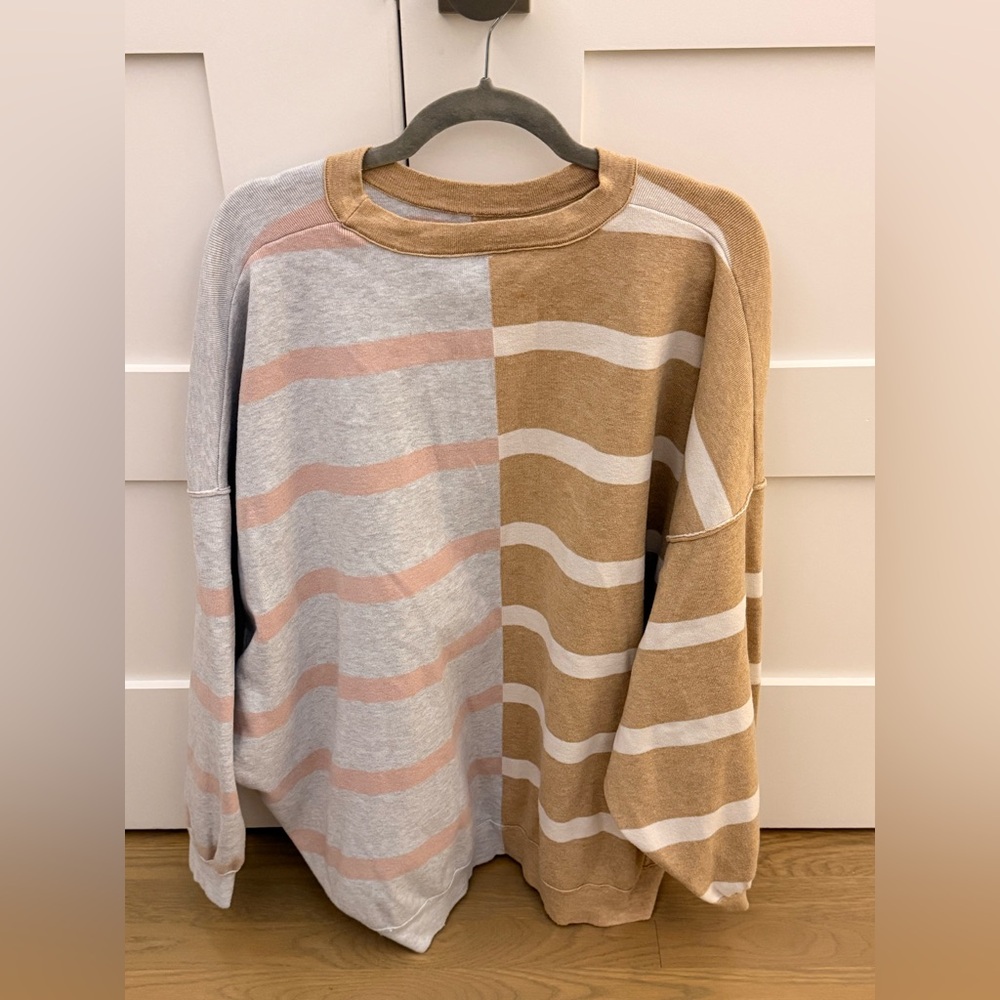 Free People Striped Crew Neck Sweater - Gray and Tan